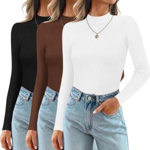 imageEkouaer 3 Pack Mock Turtlenecks Tops for Women Long Sleeve Ribbed Shirts Thermal Slim Fit Undershirts Soft Sweater SXXLBlackWhiteBrown