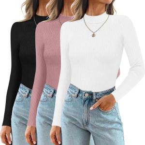 imageEkouaer 3 Pack Mock Turtlenecks Tops for Women Long Sleeve Ribbed Shirts Thermal Slim Fit Undershirts Soft Sweater SXXLBlackWhitePink