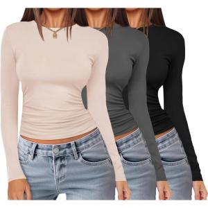 imageEkouaer 3 Pack Women Long Sleeve Crew Neck Shirts Basic Thermal Tops Slim Fit Ruch Side Tees Going Out Layering Thirts XSXXLBlackBeigeDark Grey