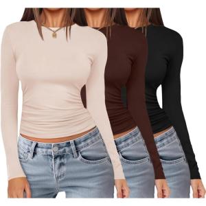 imageEkouaer 3 Pack Women Long Sleeve Crew Neck Shirts Basic Thermal Tops Slim Fit Ruch Side Tees Going Out Layering Thirts XSXXLBlackBrownBeige