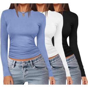 imageEkouaer 3 Pack Women Long Sleeve Crew Neck Shirts Basic Thermal Tops Slim Fit Ruch Side Tees Going Out Layering Thirts XSXXLBlackWhiteBlue Gray