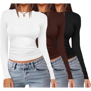 imageEkouaer 3 Pack Women Long Sleeve Crew Neck Shirts Basic Thermal Tops Slim Fit Ruch Side Tees Going Out Layering Thirts XSXXLBlackWhiteBrown