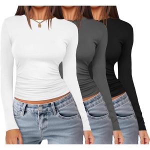 imageEkouaer 3 Pack Women Long Sleeve Crew Neck Shirts Basic Thermal Tops Slim Fit Ruch Side Tees Going Out Layering Thirts XSXXLBlackWhiteLight Grey