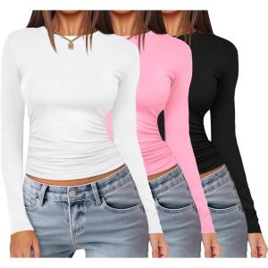 imageEkouaer 3 Pack Women Long Sleeve Crew Neck Shirts Basic Thermal Tops Slim Fit Ruch Side Tees Going Out Layering Thirts XSXXLBlackWhitePink