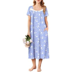 imageEkouaer Long Nightgowns for Women Soft Ladies Sleepwear Gowns Short Sleeve Nightdress Button House Dress with PocketsBlue Birds