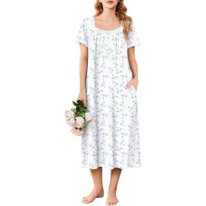 imageEkouaer Long Nightgowns for Women Soft Ladies Sleepwear Gowns Short Sleeve Nightdress Button House Dress with PocketsBlue Floral