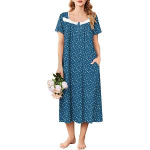 imageEkouaer Long Nightgowns for Women Soft Ladies Sleepwear Gowns Short Sleeve Nightdress Button House Dress with PocketsDog Footprints