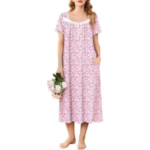 imageEkouaer Long Nightgowns for Women Soft Ladies Sleepwear Gowns Short Sleeve Nightdress Button House Dress with PocketsFloral Pink