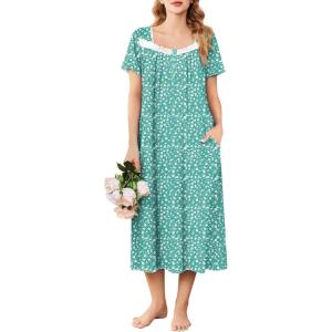 imageEkouaer Long Nightgowns for Women Soft Ladies Sleepwear Gowns Short Sleeve Nightdress Button House Dress with PocketsGreen White Floral