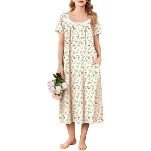 imageEkouaer Long Nightgowns for Women Soft Ladies Sleepwear Gowns Short Sleeve Nightdress Button House Dress with PocketsLeaf Yellow