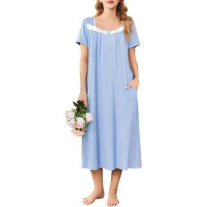 imageEkouaer Long Nightgowns for Women Soft Ladies Sleepwear Gowns Short Sleeve Nightdress Button House Dress with PocketsLight Blue