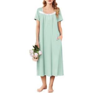 imageEkouaer Long Nightgowns for Women Soft Ladies Sleepwear Gowns Short Sleeve Nightdress Button House Dress with PocketsLight Green