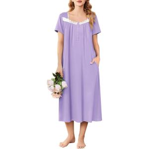 imageEkouaer Long Nightgowns for Women Soft Ladies Sleepwear Gowns Short Sleeve Nightdress Button House Dress with PocketsLight Purple