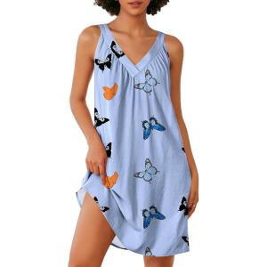 imageEkouaer Nightgown for Women Sleeveless Sleepwear Lightweight Racerback Sleep Shirt Pleated V Neck Night Dress Short ChemiseLight Blue Butterfly