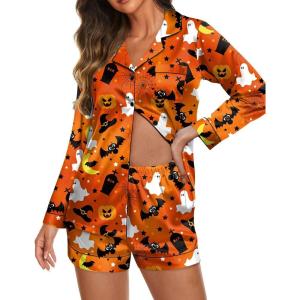 imageEkouaer Satin Pajama Set for Women Button Down Pj Set Long Sleeve Top and Shorts 2 Piece Loungewear Summer Soft SleepwearHalloween