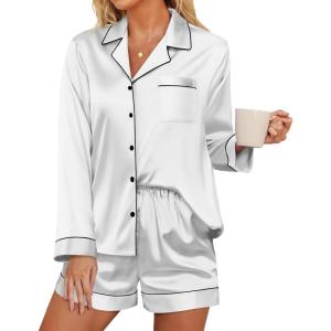 imageEkouaer Satin Pajama Set for Women Button Down Pj Set Long Sleeve Top and Shorts 2 Piece Loungewear Summer Soft SleepwearWhite