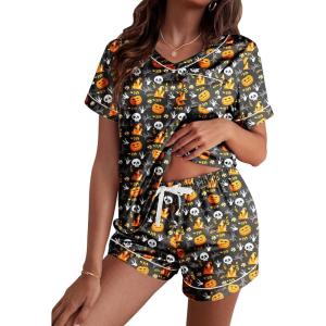imageEkouaer Silk Pajama for Women Short Sleeve Satin Pj Set Two Piece Soft Sleepwear Loungewear SXXLBlack Pumpkin  Spider Web