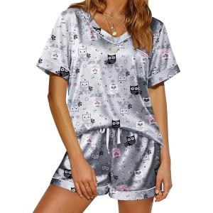 imageEkouaer Silk Pajama for Women Short Sleeve Satin Pj Set Two Piece Soft Sleepwear Loungewear SXXLGrey Owl