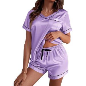 imageEkouaer Silk Pajama for Women Short Sleeve Satin Pj Set Two Piece Soft Sleepwear Loungewear SXXLLavender