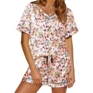 imageEkouaer Silk Pajama for Women Short Sleeve Satin Pj Set Two Piece Soft Sleepwear Loungewear SXXLParrot Garden