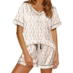 imageEkouaer Silk Pajama for Women Short Sleeve Satin Pj Set Two Piece Soft Sleepwear Loungewear SXXLPink Flamingo