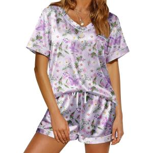 imageEkouaer Silk Pajama for Women Short Sleeve Satin Pj Set Two Piece Soft Sleepwear Loungewear SXXLPurple Butterfly  Daisies