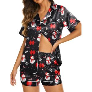 imageEkouaer Silk Pajamas for Women Set Short Sleeve Sleepwear Soft Button Down Loungewear 2 Piece Satin Pjs Shorts Set SXXLChristmas Black