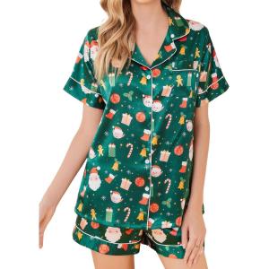 imageEkouaer Silk Pajamas for Women Set Short Sleeve Sleepwear Soft Button Down Loungewear 2 Piece Satin Pjs Shorts Set SXXLChristmas Green