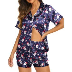 imageEkouaer Silk Pajamas for Women Set Short Sleeve Sleepwear Soft Button Down Loungewear 2 Piece Satin Pjs Shorts Set SXXLChristmas Navy