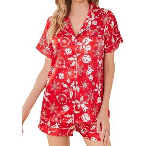 imageEkouaer Silk Pajamas for Women Set Short Sleeve Sleepwear Soft Button Down Loungewear 2 Piece Satin Pjs Shorts Set SXXLChristmas Red