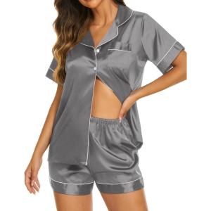 imageEkouaer Silk Pajamas for Women Set Short Sleeve Sleepwear Soft Button Down Loungewear 2 Piece Satin Pjs Shorts Set SXXLDark Grey