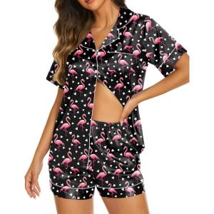 imageEkouaer Silk Pajamas for Women Set Short Sleeve Sleepwear Soft Button Down Loungewear 2 Piece Satin Pjs Shorts Set SXXLFlamingo Black