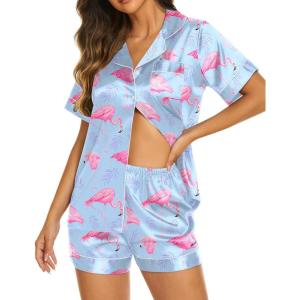 imageEkouaer Silk Pajamas for Women Set Short Sleeve Sleepwear Soft Button Down Loungewear 2 Piece Satin Pjs Shorts Set SXXLFlamingo Blue
