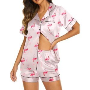 imageEkouaer Silk Pajamas for Women Set Short Sleeve Sleepwear Soft Button Down Loungewear 2 Piece Satin Pjs Shorts Set SXXLFlamingo Champagne
