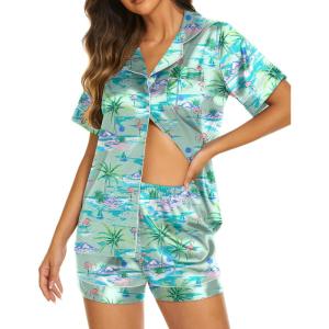 imageEkouaer Silk Pajamas for Women Set Short Sleeve Sleepwear Soft Button Down Loungewear 2 Piece Satin Pjs Shorts Set SXXLFlamingo Light Green