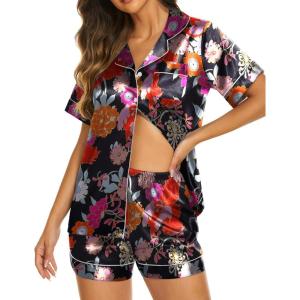 imageEkouaer Silk Pajamas for Women Set Short Sleeve Sleepwear Soft Button Down Loungewear 2 Piece Satin Pjs Shorts Set SXXLFloral Black