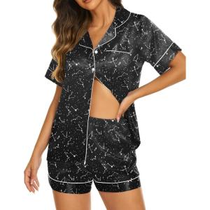 imageEkouaer Silk Pajamas for Women Set Short Sleeve Sleepwear Soft Button Down Loungewear 2 Piece Satin Pjs Shorts Set SXXLFloral Black Stars