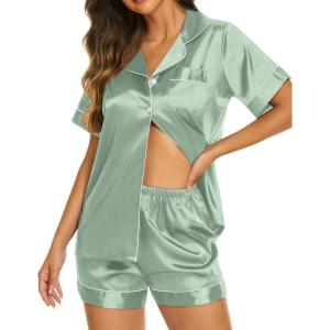 imageEkouaer Silk Pajamas for Women Set Short Sleeve Sleepwear Soft Button Down Loungewear 2 Piece Satin Pjs Shorts Set SXXLIce Green