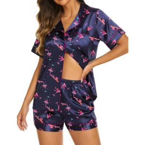 imageEkouaer Silk Pajamas for Women Set Short Sleeve Sleepwear Soft Button Down Loungewear 2 Piece Satin Pjs Shorts Set SXXLNavy Wineglass