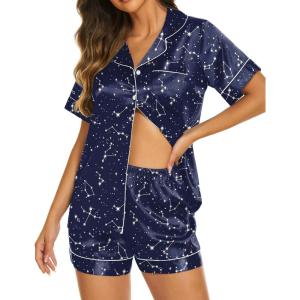 imageEkouaer Silk Pajamas for Women Set Short Sleeve Sleepwear Soft Button Down Loungewear 2 Piece Satin Pjs Shorts Set SXXLStarry Sky Navy