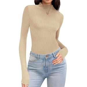 imageEkouaer Turtleneck Shirt Women Ruffle Ribbed Long Sleeve Mock Neck Tops Slim Fit Lettuce Trim Base LayerBeige
