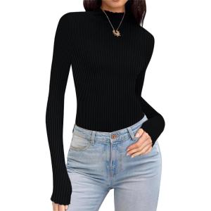 imageEkouaer Turtleneck Shirt Women Ruffle Ribbed Long Sleeve Mock Neck Tops Slim Fit Lettuce Trim Base LayerBlack