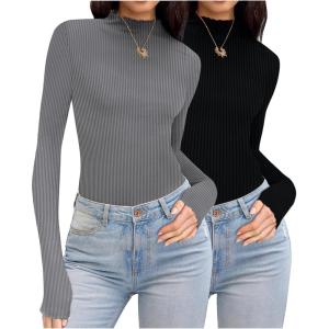 imageEkouaer Turtleneck Shirt Women Ruffle Ribbed Long Sleeve Mock Neck Tops Slim Fit Lettuce Trim Base LayerBlackGrey