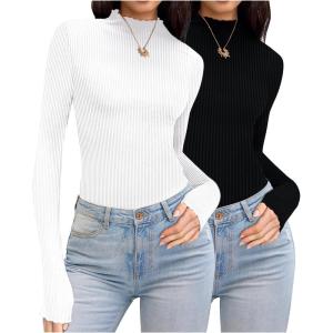 imageEkouaer Turtleneck Shirt Women Ruffle Ribbed Long Sleeve Mock Neck Tops Slim Fit Lettuce Trim Base LayerBlackWhite