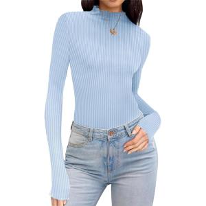imageEkouaer Turtleneck Shirt Women Ruffle Ribbed Long Sleeve Mock Neck Tops Slim Fit Lettuce Trim Base LayerBlue