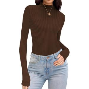 imageEkouaer Turtleneck Shirt Women Ruffle Ribbed Long Sleeve Mock Neck Tops Slim Fit Lettuce Trim Base LayerBrown