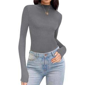 imageEkouaer Turtleneck Shirt Women Ruffle Ribbed Long Sleeve Mock Neck Tops Slim Fit Lettuce Trim Base LayerGrey