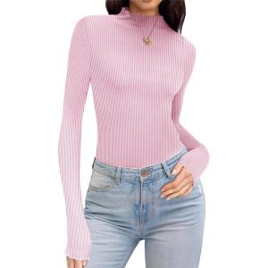 imageEkouaer Turtleneck Shirt Women Ruffle Ribbed Long Sleeve Mock Neck Tops Slim Fit Lettuce Trim Base LayerPink