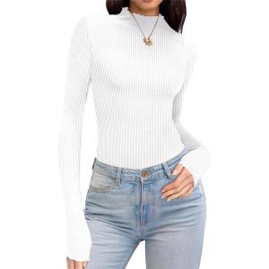 imageEkouaer Turtleneck Shirt Women Ruffle Ribbed Long Sleeve Mock Neck Tops Slim Fit Lettuce Trim Base LayerWhite