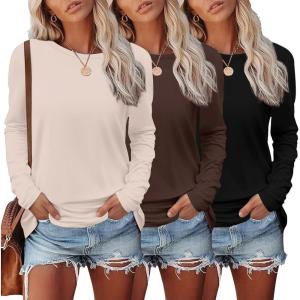 imageEkouaer Womens Long Sleeve Shirts 3 Pack Crew Neck Thermal Tops Loose Fit Undershirt Base Layer Trendy Clothes XSXXL3pcs Black  Brown  Beige